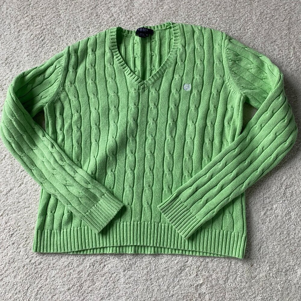 Ralph Lauren CHAPS cotton cable lime green V neck sweater Size Medium